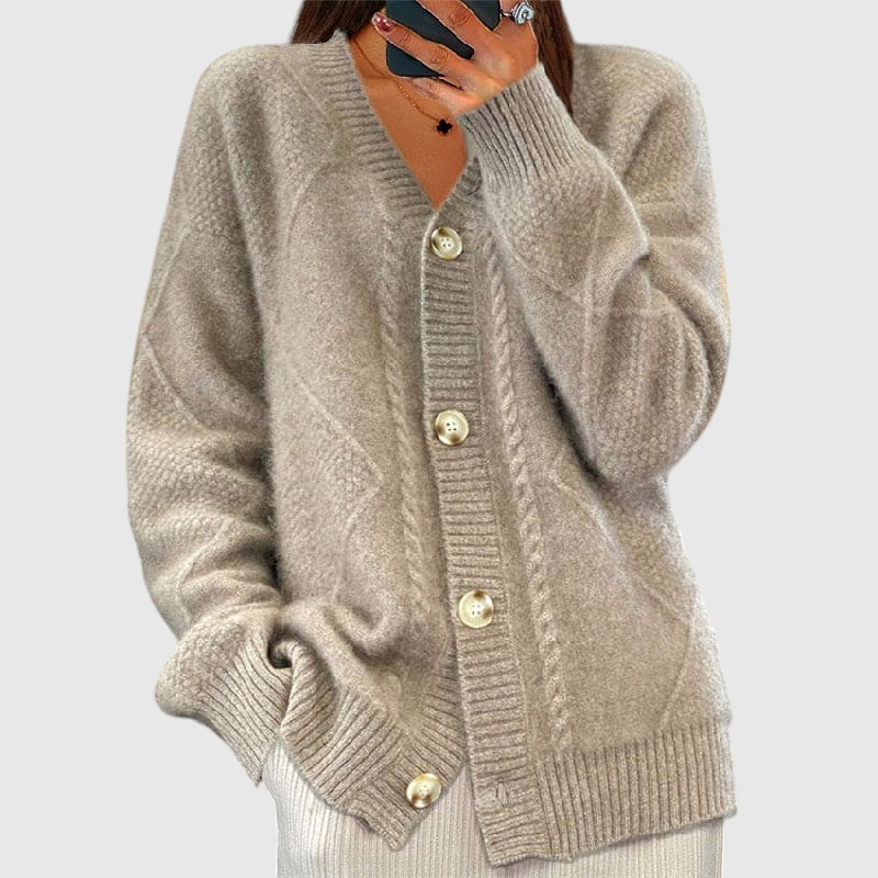 My Store Kathrin oversized beige knit cardigan with V-neck, button front, and cable knit details.
