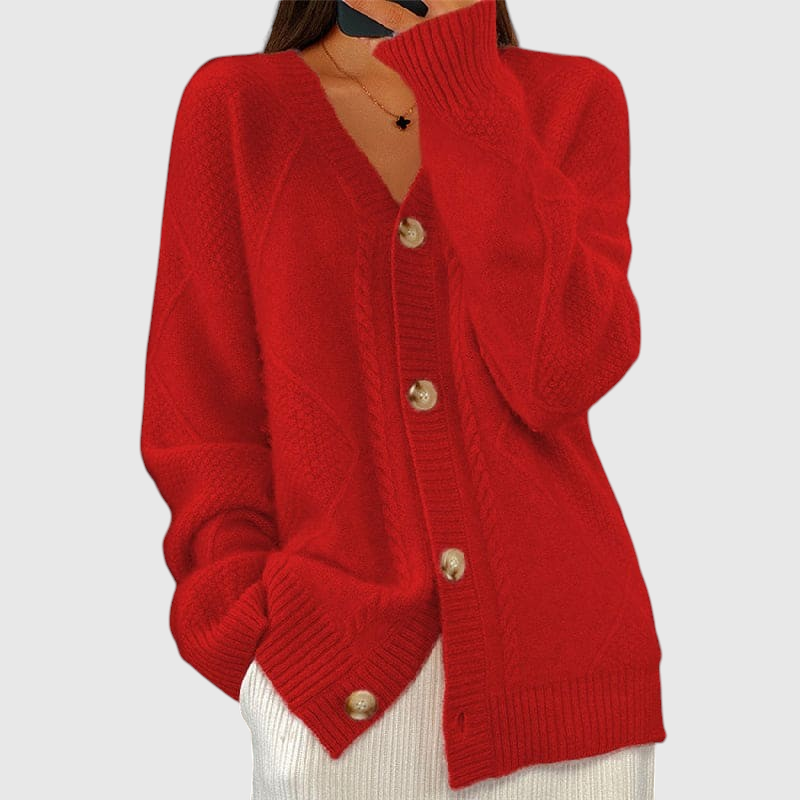 My Store Kathrin oversized red knit cardigan with V-neck, button front, and cable knit details.