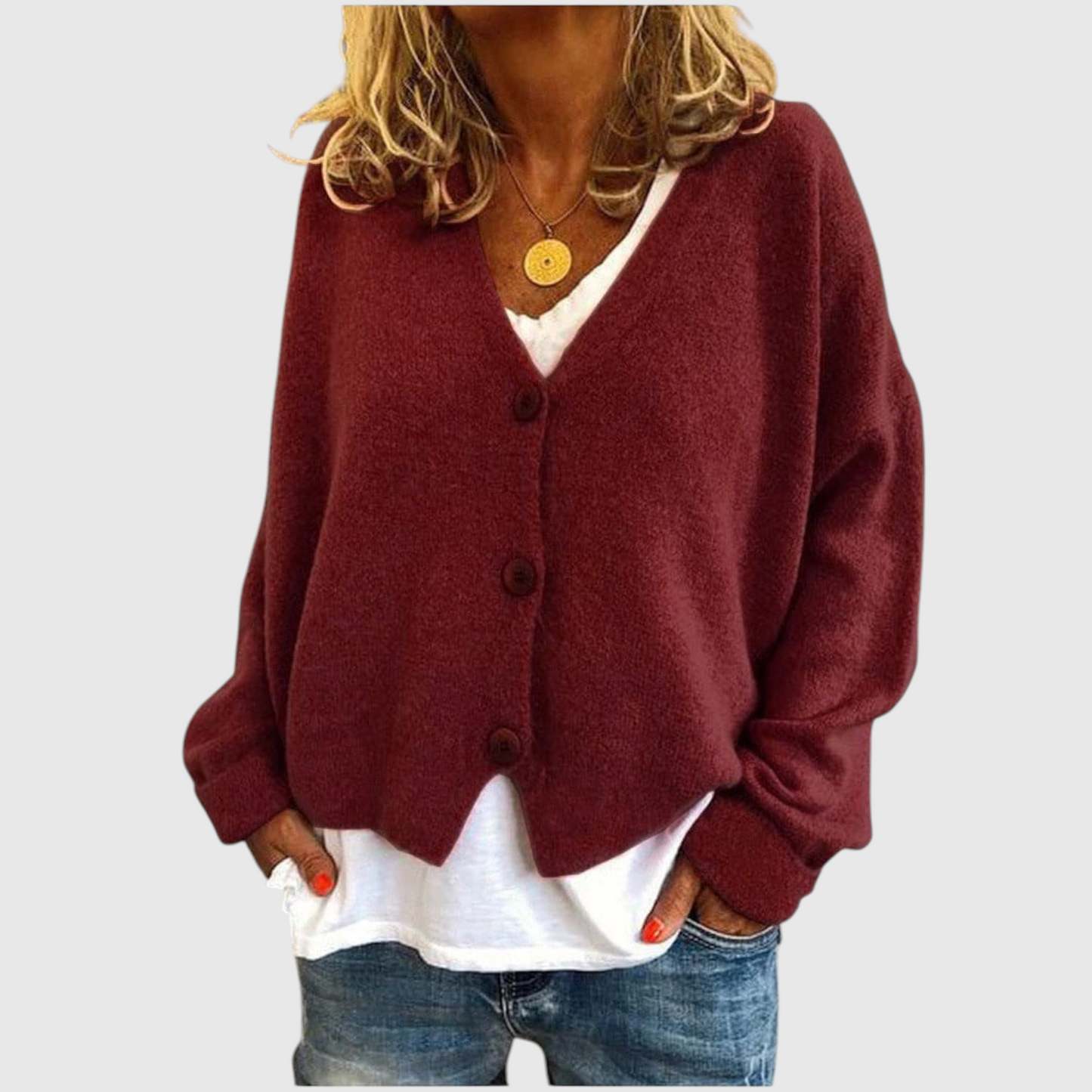 My Store Priska oversized burgundy V-neck cardigan with front buttons worn over a white shirt and jeans
