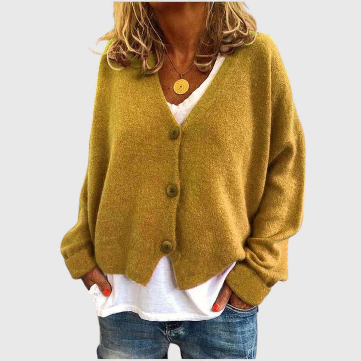 My Store Priska mustard yellow oversized knit cardigan with V-neck and button front worn over a white shirt