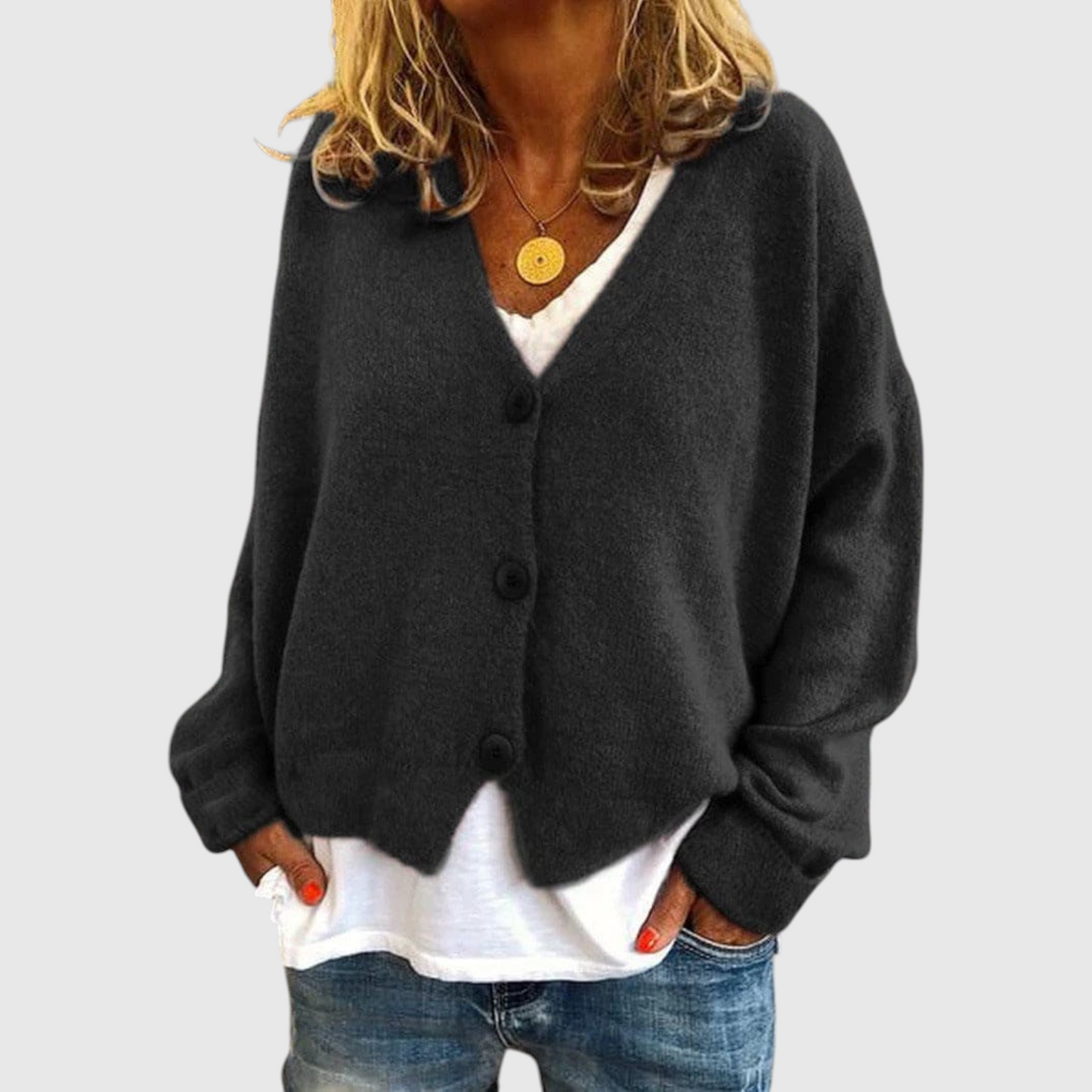 My Store Priska oversized dark grey V-neck knit cardigan with button front worn over a white shirt and blue jeans