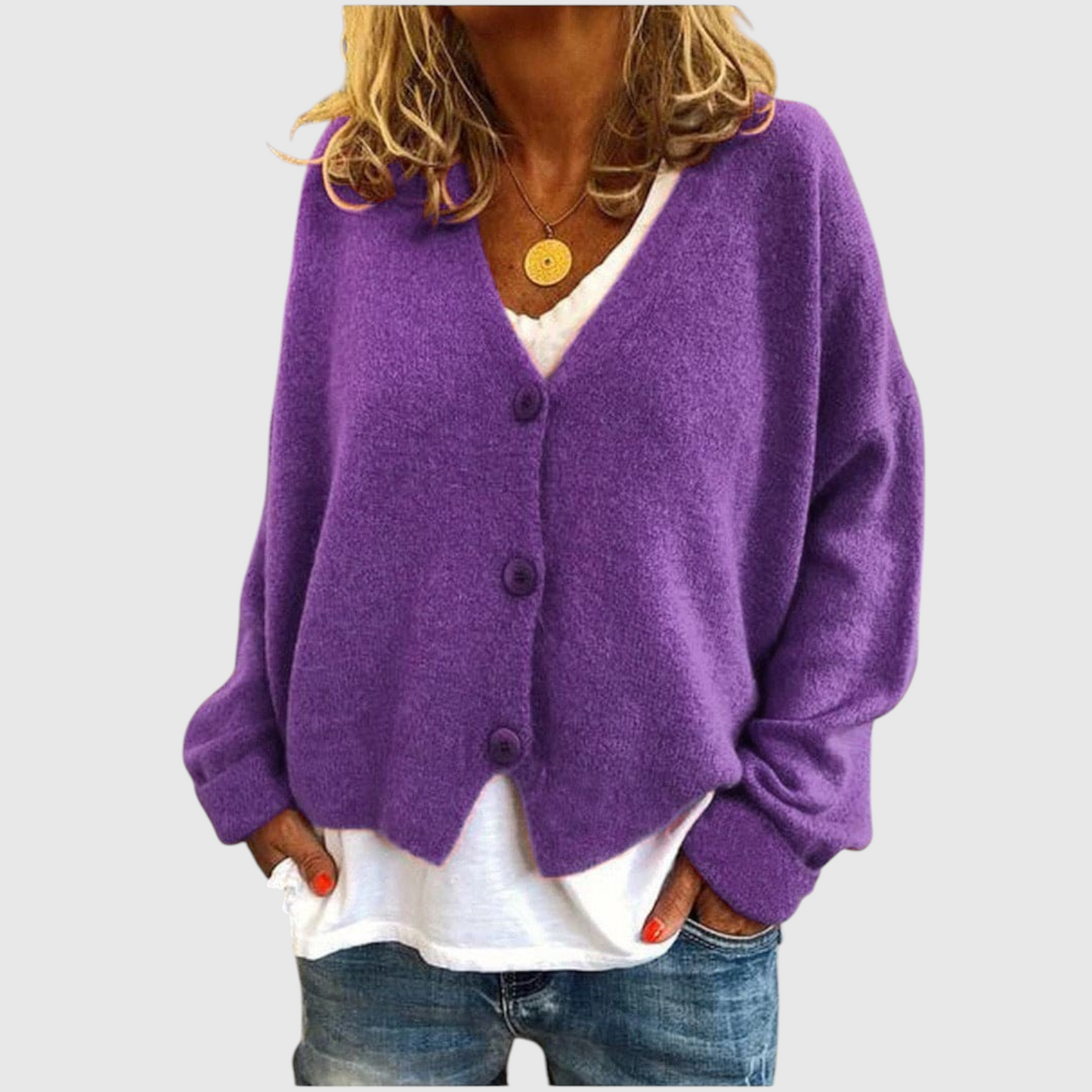 My Store Priska purple oversized knit cardigan with V-neck and button front worn over a white shirt and jeans