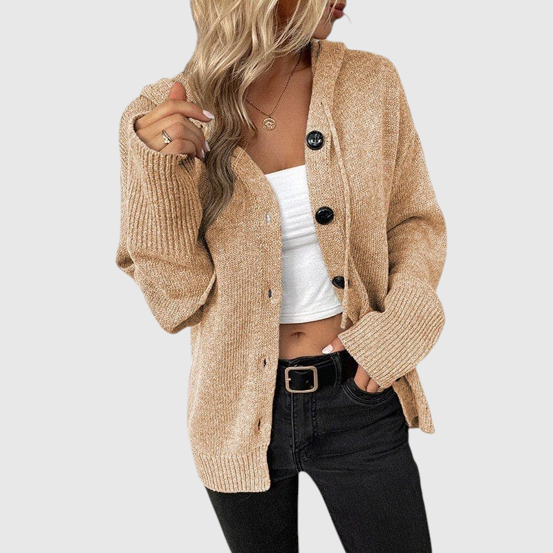 My Store Aline beige ribbed knit cardigan with a hood, button-down front, and relaxed fit worn over a white top.