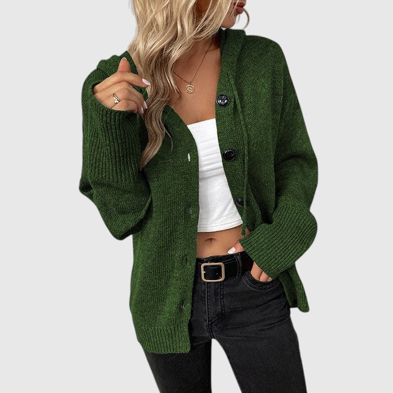 My Store Aline green ribbed knit hooded cardigan with front button closure worn over a white top and black jeans
