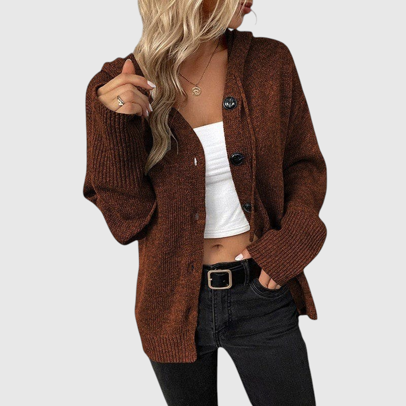 My Store Aline brown ribbed knit cardigan with hood and front button closure worn over a white top and black jeans