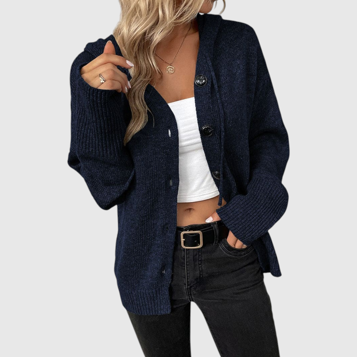 My Store Aline navy blue ribbed knit cardigan with hood, button front, and relaxed fit worn over a white crop top.