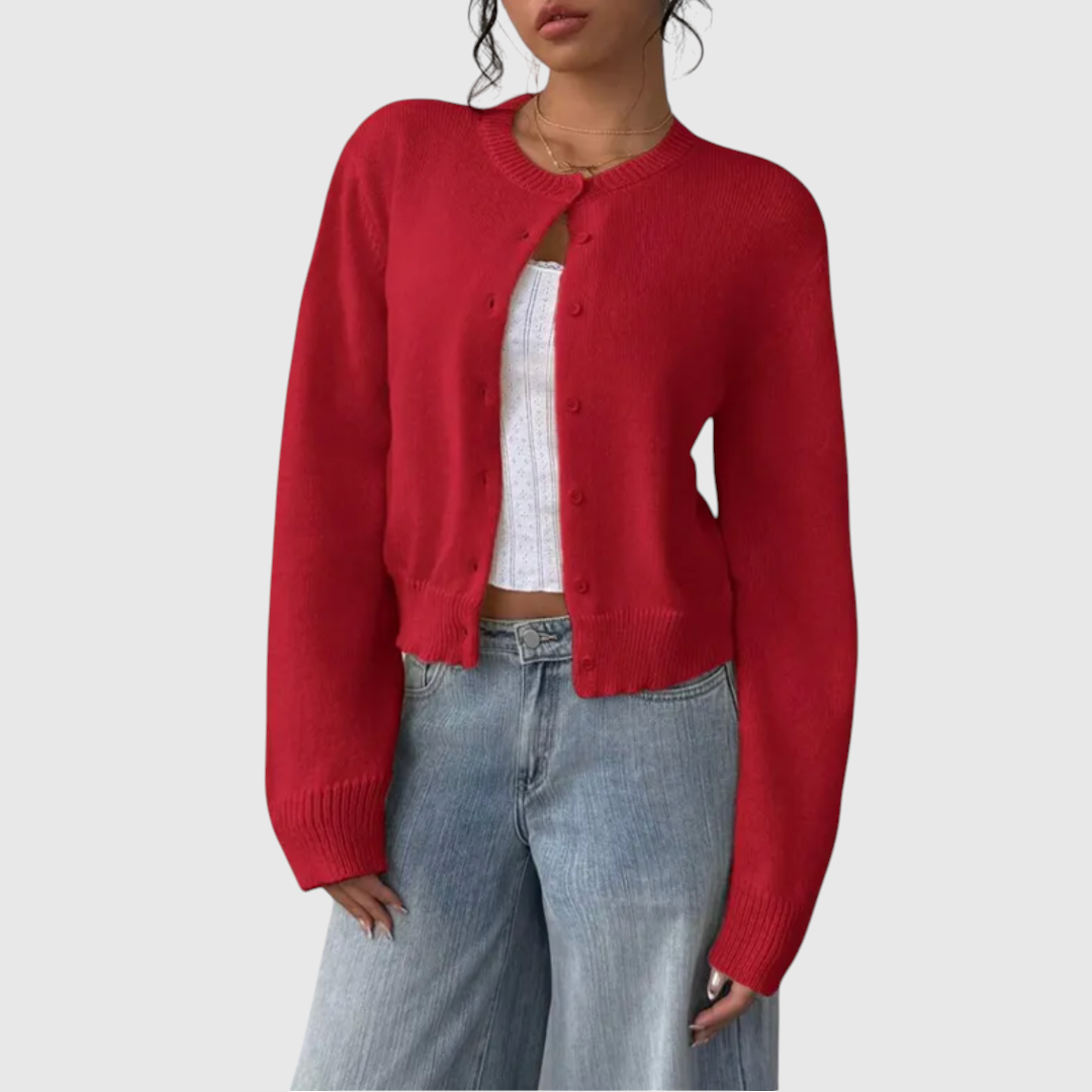 My Store Angelika red cropped cardigan with round neckline, button front, and ribbed cuffs worn over a white top
