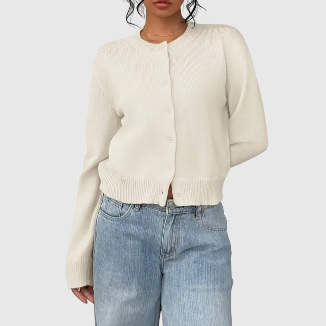 My Store Angelika cropped cream knit cardigan with crew neck and button front paired with blue jeans