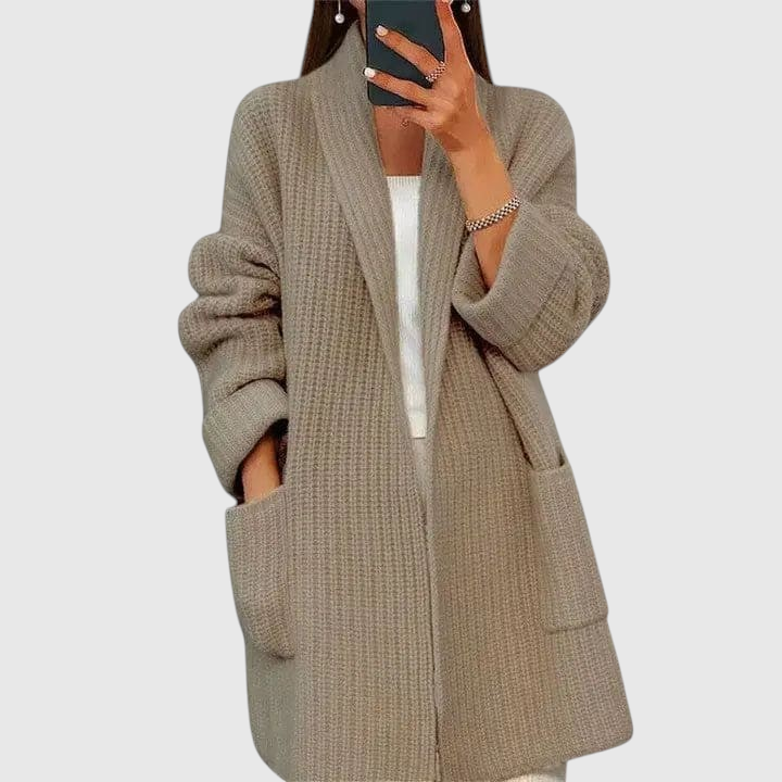 My Store Simone oversized beige waffle knit longline cardigan with lapel collar and front pockets