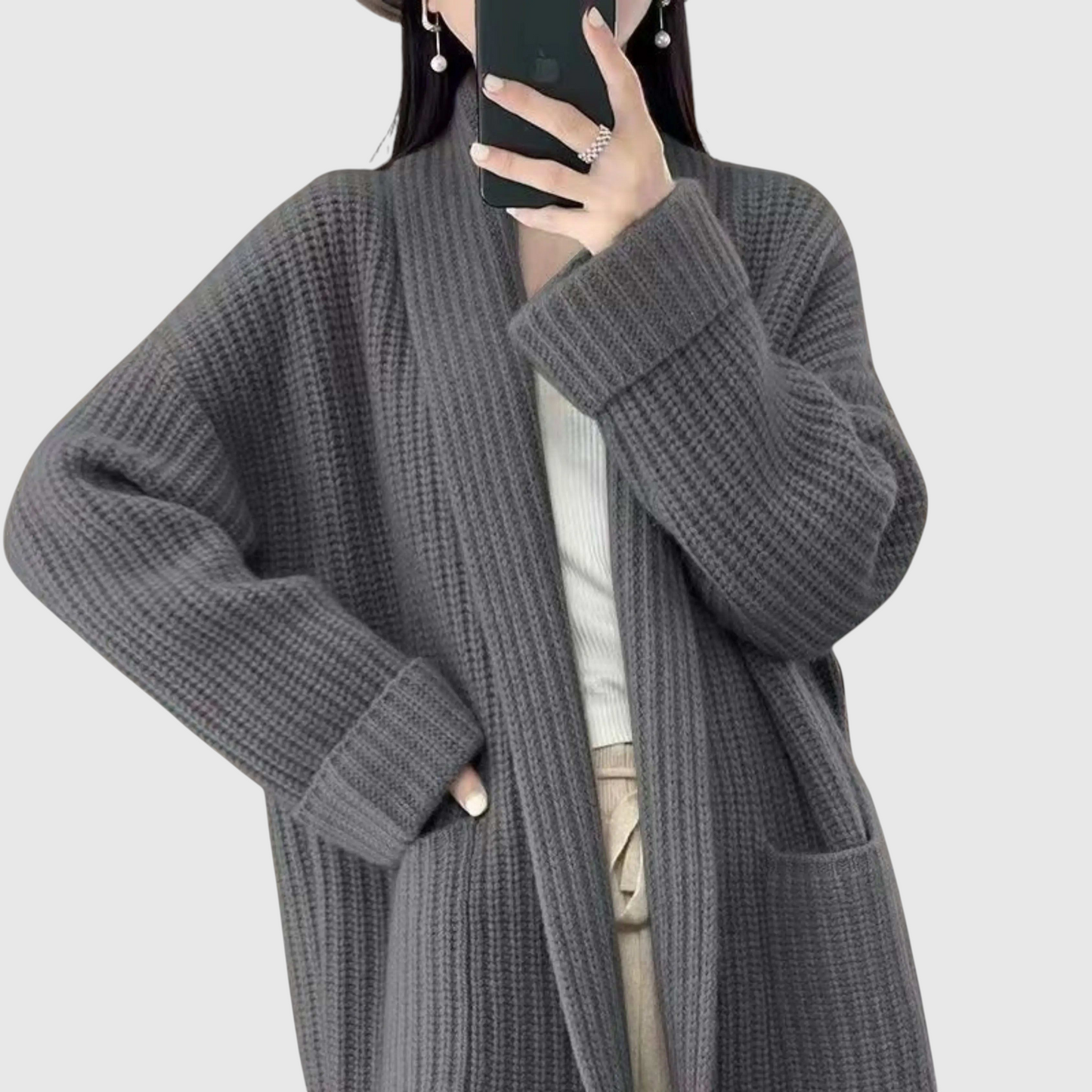 My Store Simone oversized charcoal grey waffle knit longline cardigan with lapel collar and front pockets